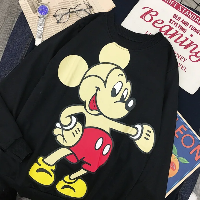 

Women Autumn Cartoon Sweatshirts Long Sleeve Mickey Pinted Casual Loose Hoodies Sweatshirt Plus Size Clothes Winter Tops Black