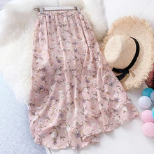Летняя шифоновая плиссированная юбка с цветочным рисунком Женская Корейская асимметричная с высокой талией Миди юбка элегантная женская русалка юбка