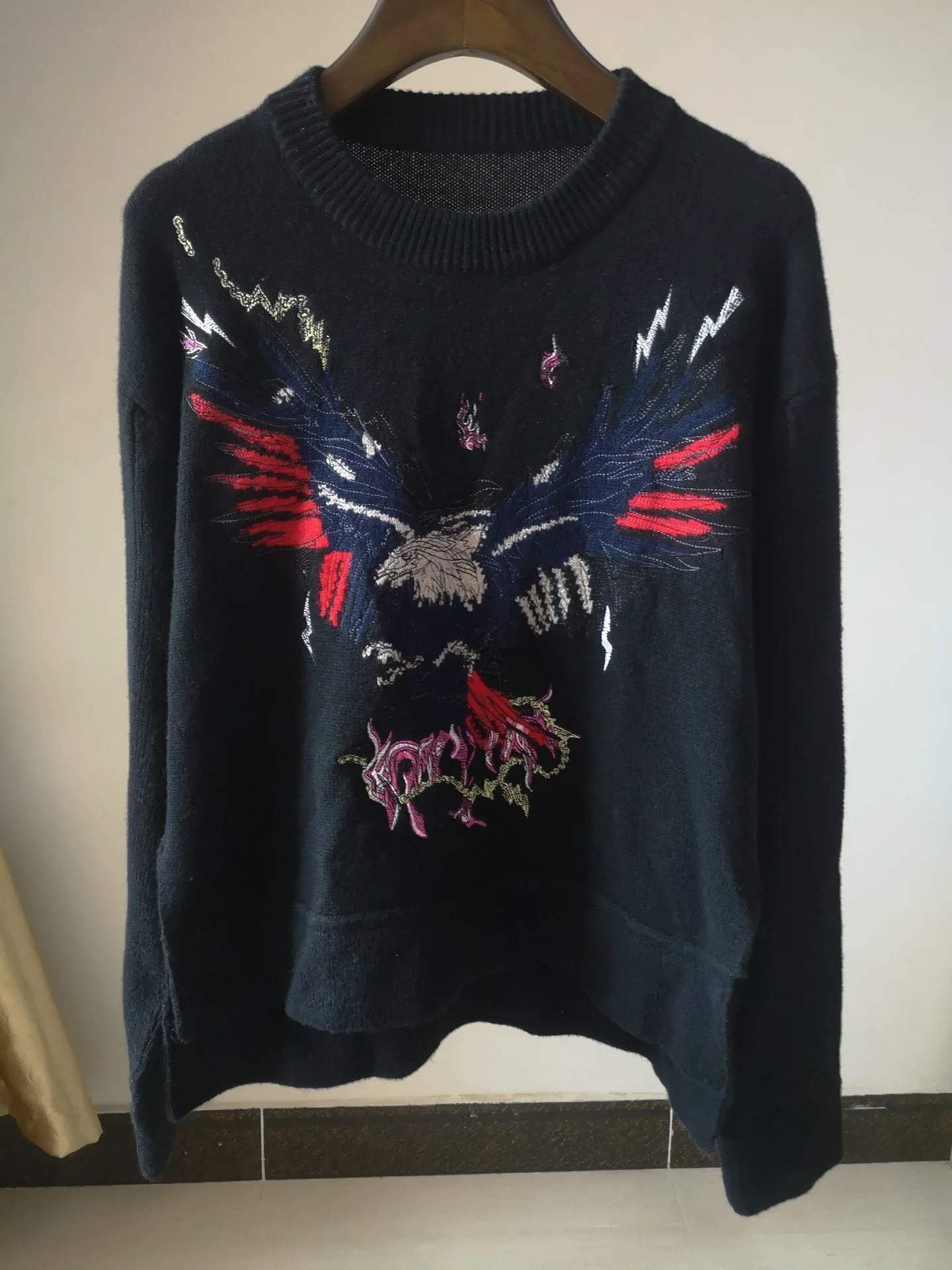 Женский свитер 209 осень зима модели ручной вышивки орел узор контрастный цвет свободный свитер Кашемировые топы - Color: Black