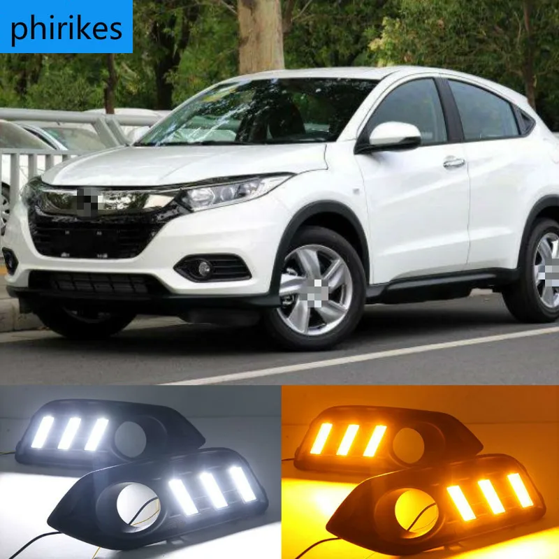 

2 шт. светодиодные дневные ходовые огни светильник 12В дневные ходовые огни противотуманных фар украшения для Honda вариабельности сердечного ритма HR-V Vezel 2018 2019 желтый указатель поворота Функция