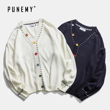 Ретро мужской кардиган, Свитера с v-образным вырезом, радужная пуговица, хип-хоп Уличная одежда Harajuku, негабаритный акриловый осенний мужской свитер, кардиган