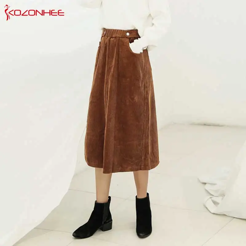 

Plus Size Fashion Corduroy A-Line Skirts With High Waist Split Mid-Calf Thick Warm Women Skirt for Female #99