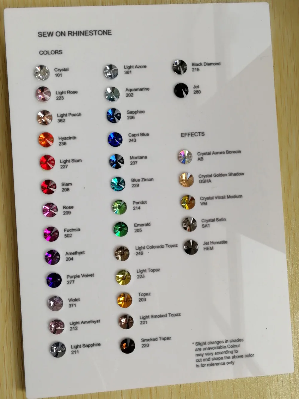 sew on stones color card