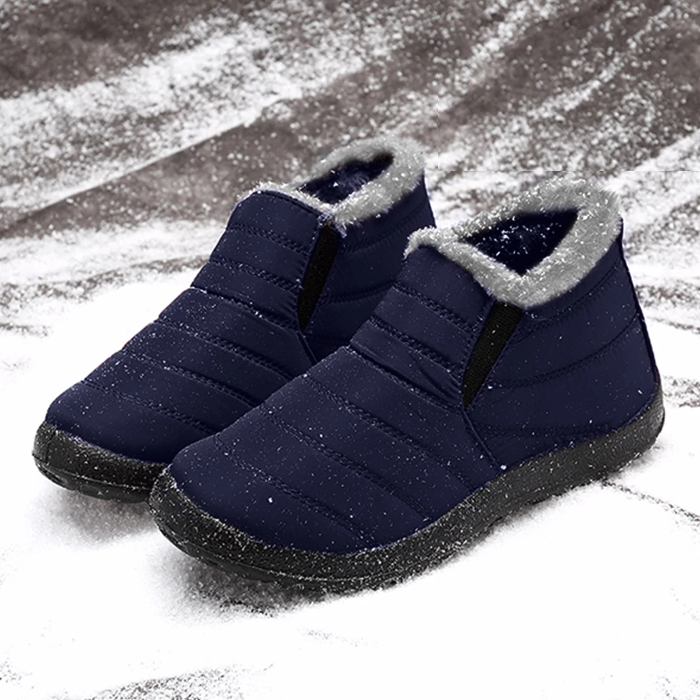 

Fur Lined Men Waterproof Snow Boots Winter Thick Warm Short Plush Boots For Male Solid Slip On Ankle Snow Shoes Men Footwear D40