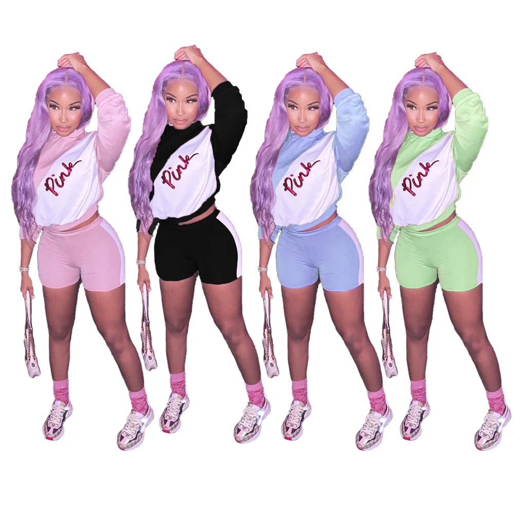 

2020 Pink Popular Casual Letter Patchwork Daily Simple Hooded Full Sleeve Short Pants Regular Tracksuits Women 2 Piece Set