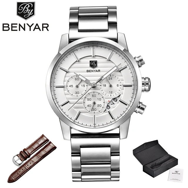 Benyar, новые часы, мужские, люксовый бренд, хронограф, мужские спортивные часы, водонепроницаемые, кожа, кварцевые, мужские часы, Relogio Masculino - Цвет: steel silver