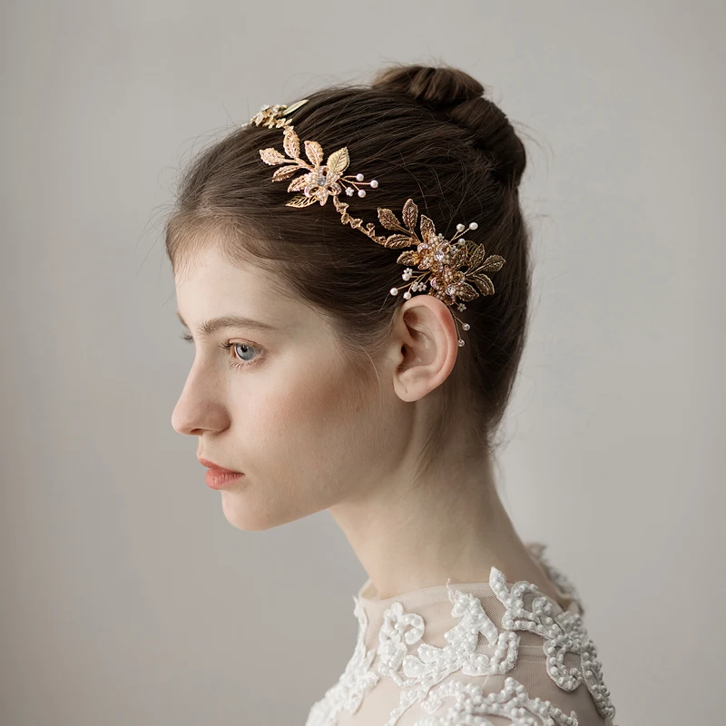 O393 Gold Brass Mesh Leaves Hairband For Brides Bridal Wedding Hair Accessories Handmade headband hairbands For Girls