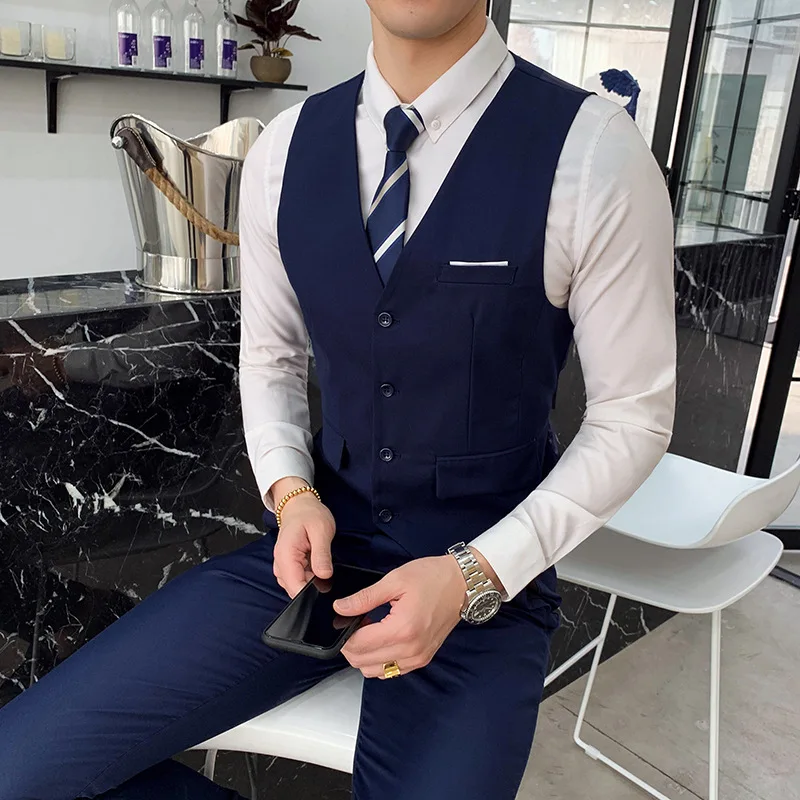 Универсальный приталенный однотонный Костюм Джентльмена в английском стиле в Корейском стиле с жилетом и штанами комплект из двух предметов для молодых мужчин