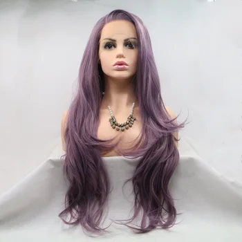 

Long Body Wave Purple Lace Front Synthetic Wig For Black Women With Side Part Heat temperature Fiber Natural Hairline