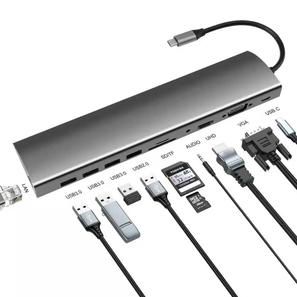 USB C концентратор к 4 USB3.0 HDMI VGA UHD Gigabit Ethernet SD/TF PD зарядный адаптер док станция type c