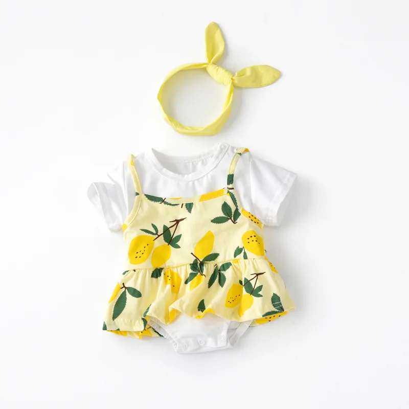 

2019 Summer Female Baby Onesie Skirt Short Sleeve Triangle Onesie Skirt Thin Pure Cotton Mango Printed with Headdress