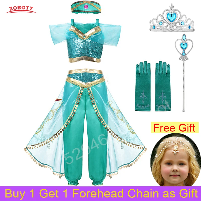 Платье принцессы для девочек костюм Жасмин вечерние нарядное платье принцессы Костюмы Комплект Топ и штаны для детей, с рисунком "Аладдин" Волшебная лампа с бесплатным подарком