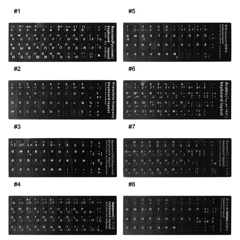 

Durable Russian/French/Spanish/Japanese/German/Arabic/Korean/Italian Keyboard Language Sticker Black Background with White for