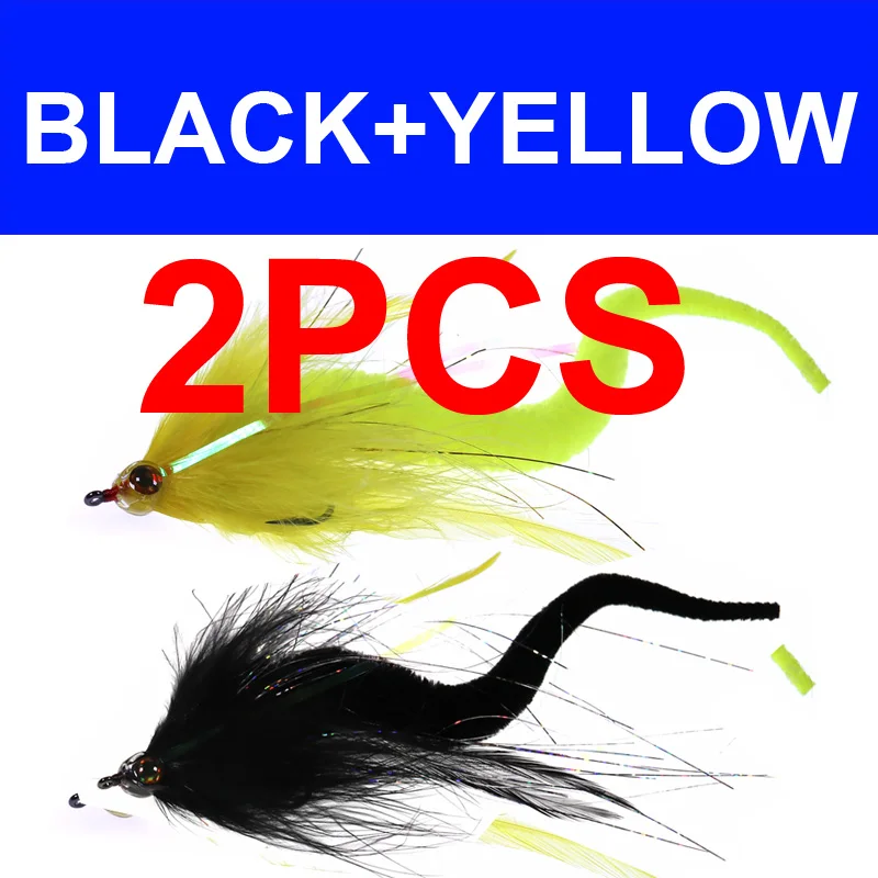 BLACK N YELLOW Bimoo 2 шт. 2/0 Dragontail Fly для бас-гитара или маски рыболовные приманки для Big Game нахлыстом Стример Летать - Цвет: BLACK N YELLOW