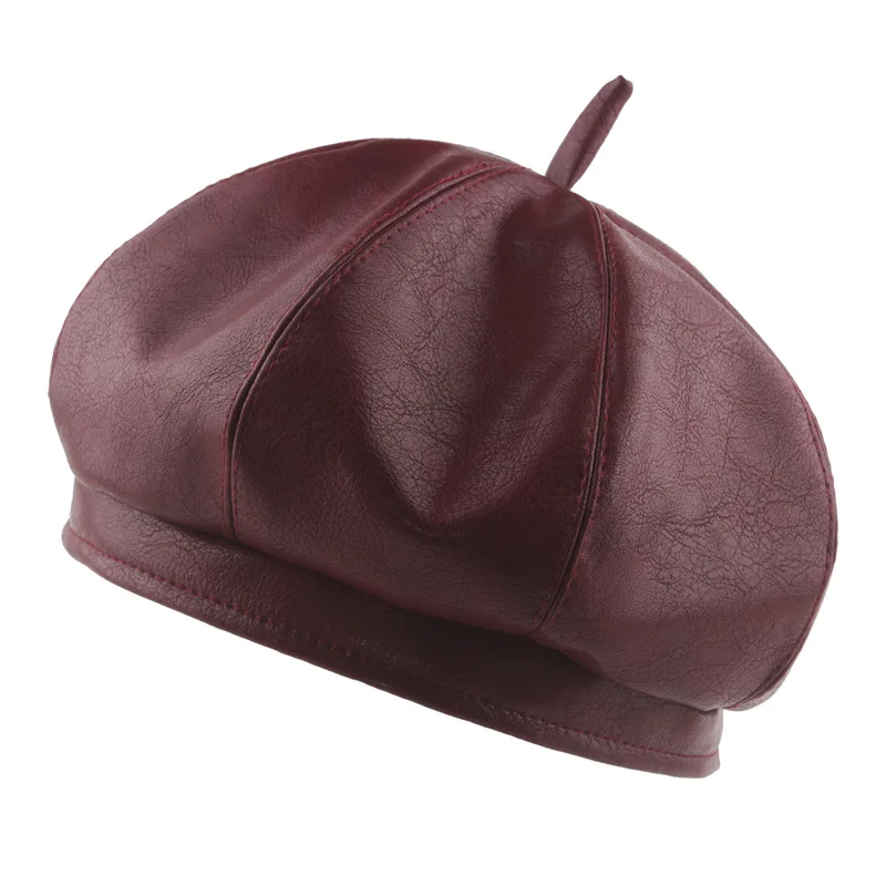 wine red Кожаный берет шапки для женщин зима осень шапка женская Boina Feminina Модный берет Bone Gorras Painter - Цвет: wine red