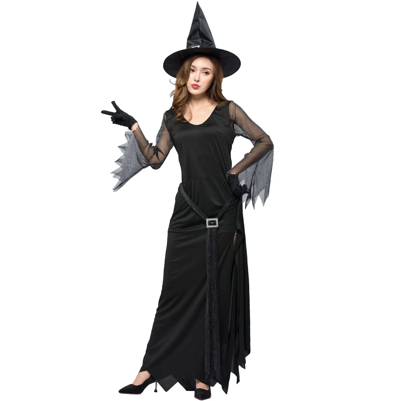 

New Style Halloween Black And White with Pattern High Slit Sexy Witch Long Skirts Evil Witch Costume Stage Costume