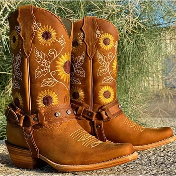 

2020 New Winter Embroidery Cowboy Boots For Women Autumn Westerm Boots Retro Booties Women Ladies Shoes Botas Mujer