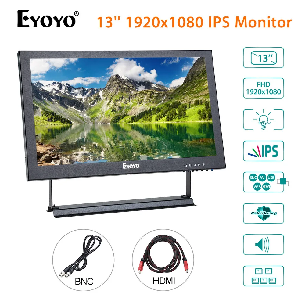 

Eyoyo 13" EM13A IPS HDMI BNC CCTV Monitor FHD 1080P LCD Screen with VGA AV USB Speaker for DVD DVR PC Laptop Security Camera