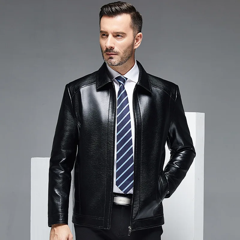 

Spring And Autumn New Style Leather Coat Men's Middle-aged Men Business Casual Fold-down Collar Solid Color Leather Jacket Coat