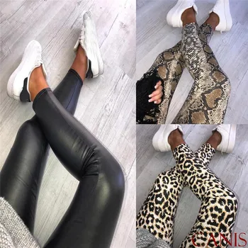 

Fashion slim pants PU leopard Vintage Women High waist pencil leggings long trousers Skinny Elastic Pants Bottoms Clothes Club