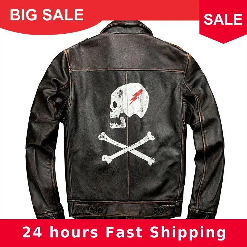 

2020 Vintage Brown Men Skulls Pattern Leather Jacket Plus Size XXXXL Genuine Cowhide Russian Winter Slim Fit Leather Coat