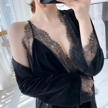 

Sleepwear Backless for Women Strap Short Robe Dress Lace Velvet Bathrobe Cardigan Lounge Set Sexy Perspective V-Neck Top Pajamas