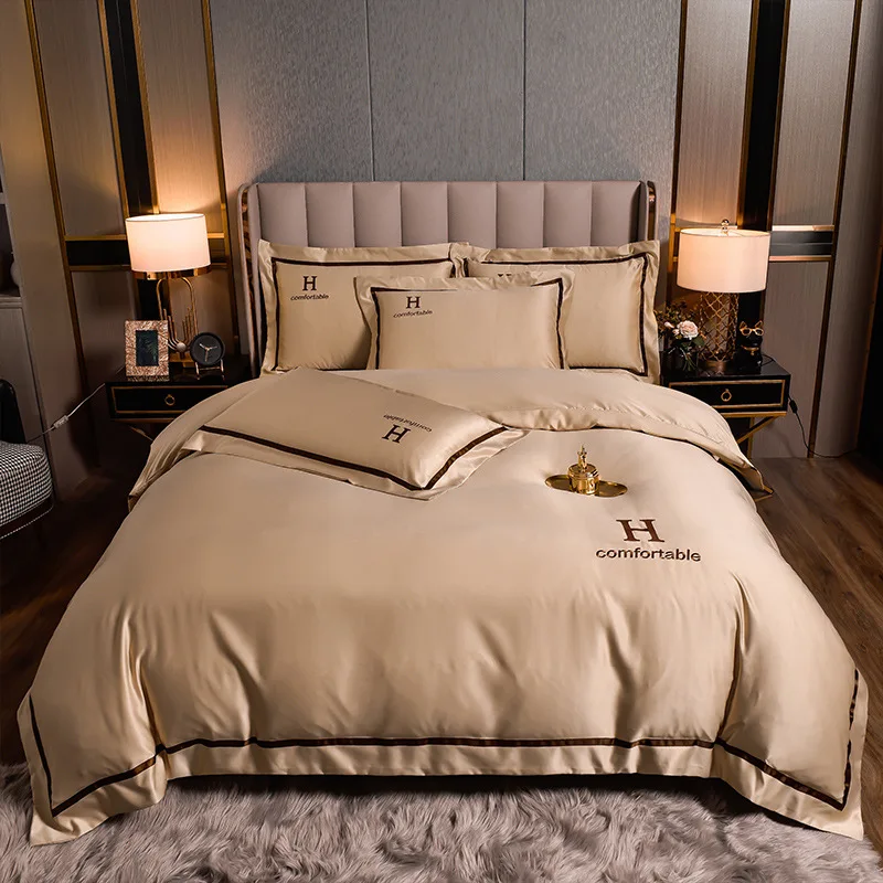 The New 60s Washed Silk Four-piece Light Luxury Embroidered Ice Silk Duvet Cover Sheet Silk Sliding Nude Sleeping Suit 
