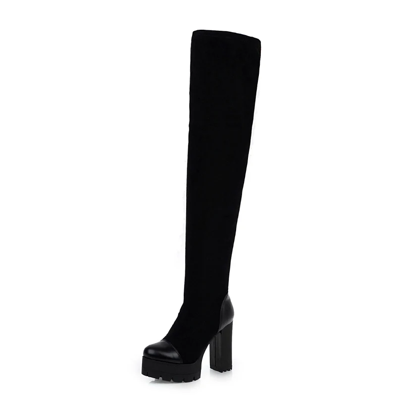WETKISS Platform High Heels Boots Women Thigh High Boot Female Stitching Shoes Lady Round Toe Stretch Shoes Winter Plus Size 48 - Цвет: black short plush