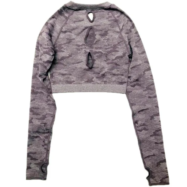 Purple Камуфляж Бесшовные Йога топ с длинными рукавами и отверстиями для больших пальцев тренировки Топ с камуфляжным принтом для Женский для фитнеса и зала укороченный топ спортивные, для тренажерного зала, футболка - Цвет: Purple
