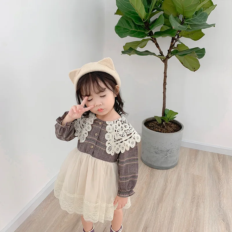 Г. Новое поступление, Осеннее хлопковое клетчатое платье принцессы в Корейском стиле с длинными рукавами и кружевным воротником для милых маленьких девочек