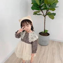 Г. Новое поступление, Осеннее хлопковое клетчатое платье принцессы в Корейском стиле с длинными рукавами и кружевным воротником для милых маленьких девочек