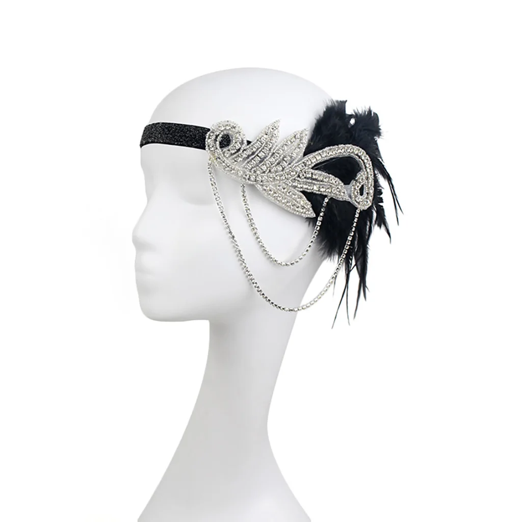 Black Винтажная головная повязка 1920s с перьями, свадебные аксессуары для волос, причудливый головной убор - Цвет: Black