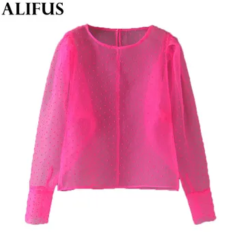 

Fashion Za Women Shirt 2019 Chic Pink Organza Blouse Transparent Long Sleeve See Through Sexy Stylish Fashion Tops Blusas Tops