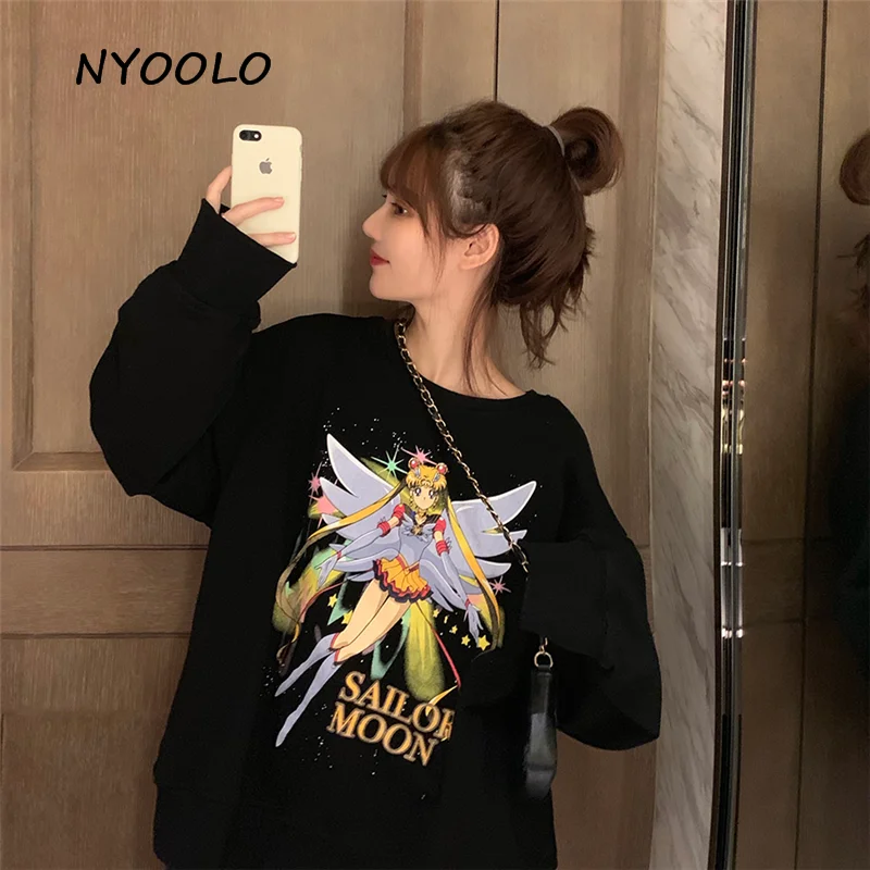 NYOOLO Harajuku стиль мультфильм персонаж Сейлор Мун буквы печати толстовка осень уличная одежда с длинным рукавом Пуловеры женские