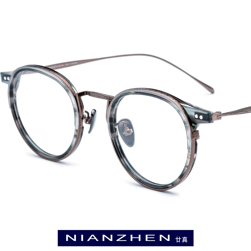Baratos Titanio Marco de acetato para gafas hombres alta calidad redondo Vintage marcos ópticos ojo gafas para mujer gafas 1850