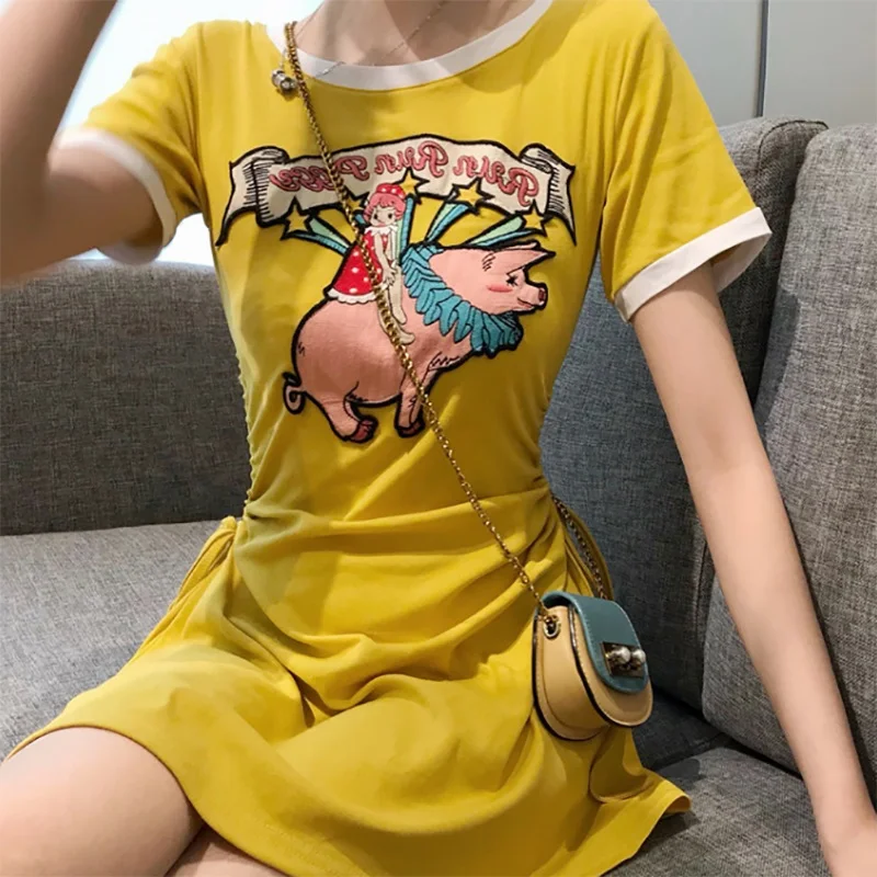 X летнее платье для женщин с круглым воротником и коротким рукавом vestidos тонкая талия патч мультфильм Свинья футболка свободные платья средней длины