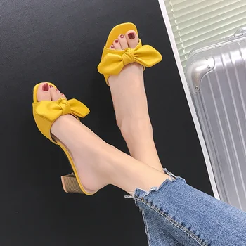 

2020 Summer Ladies Slippers Shoes Women Slippers Bow Heel Shoes Female Fashion Square Toe Beach Sandals Shoes Zapatos De Mujer