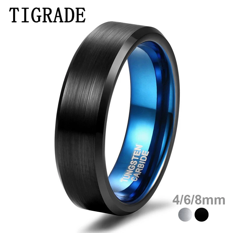 

Tigrade Men Tungsten Ring 4/6/8mm Black Man Rings Women Finger Band Silver Blue Inside Cool Ring Classic Wedding Band Engagement