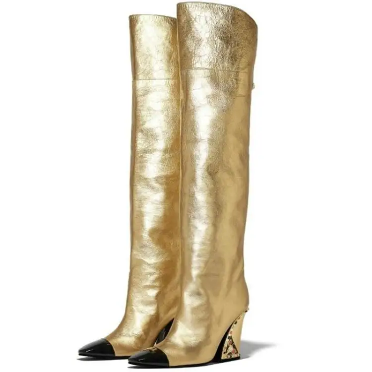 Gold Wedge Boots For Women Autumn 