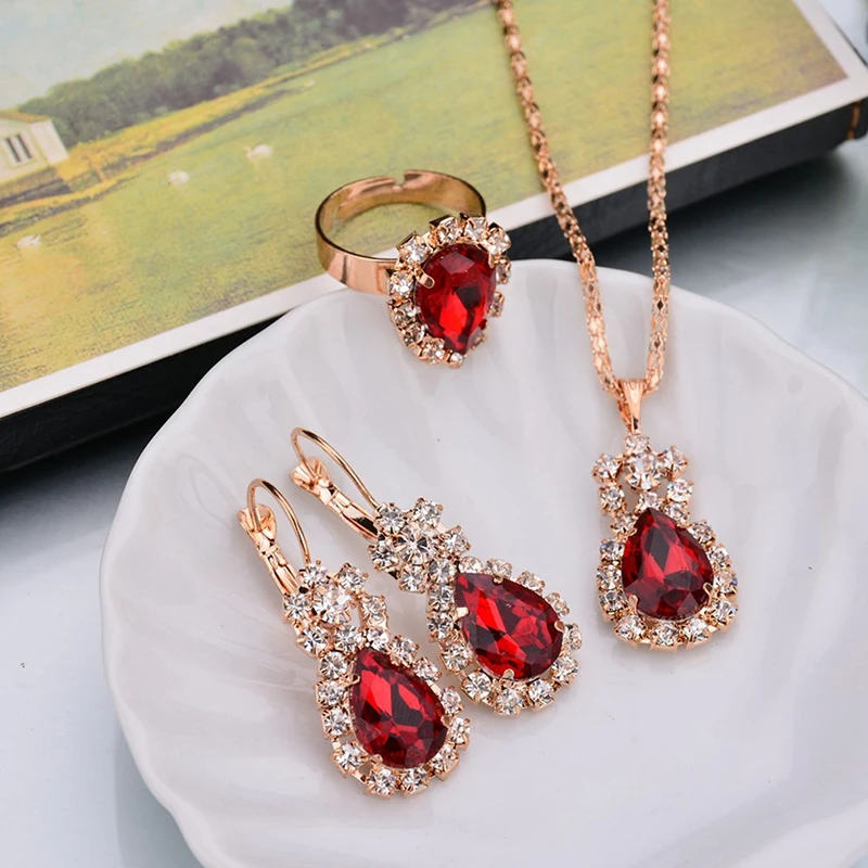 6 Colors Necklace/Earrings/Rings Jewelry Sets Hoop Earrings Water Drop Earrings Red Jewelry Set Rhinestones For Women