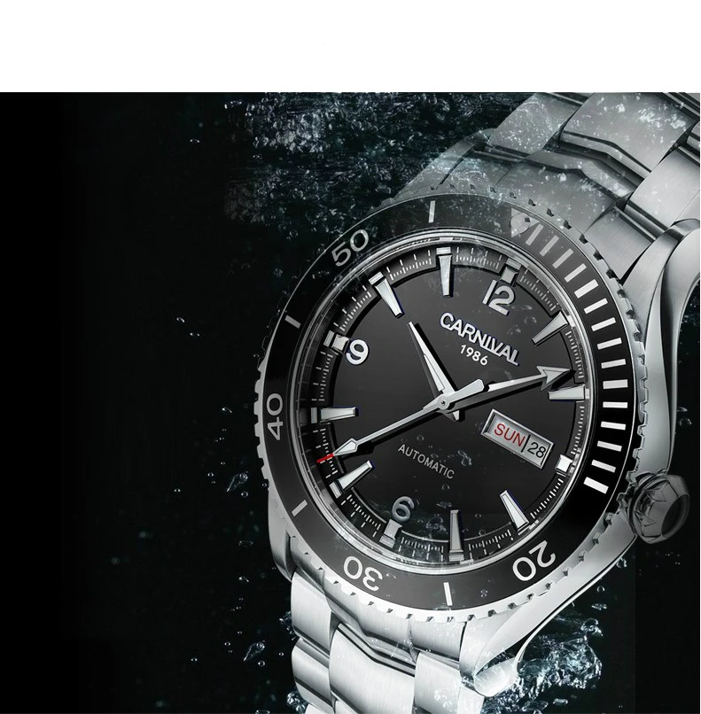 Мужские механические часы Carnival Japan Imported Move t с сапфировым зеркалом, полностью стальные часы для мужчин, для дайвинга, 50 м, роскошные брендовые автоматические часы