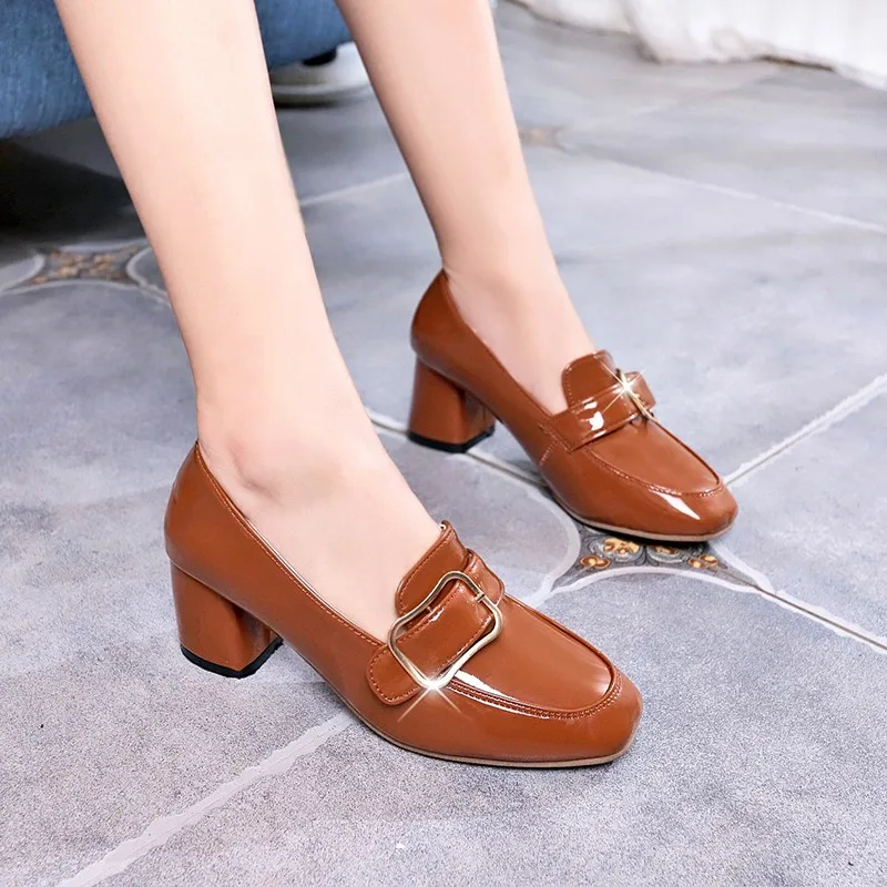 

2019 New Casual Shoes Woman Pumps Metal Buckle Plus Size Women Shoes Slip on Patent Leather Square High Heels Sexy Ladies Pumps