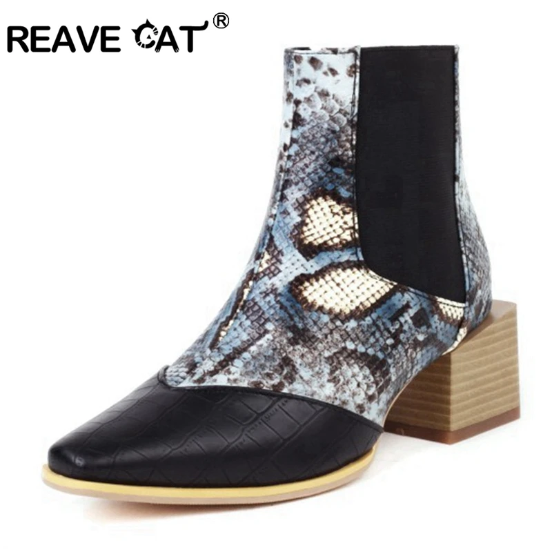 REAVE CAT Botines de diseño de serpiente para mujer, Botines de tacón cuadrados con punta puntiaguda, cremallera, color azul, marrón, talla grande 48 S2450, 2021|Botas hasta el AliExpress