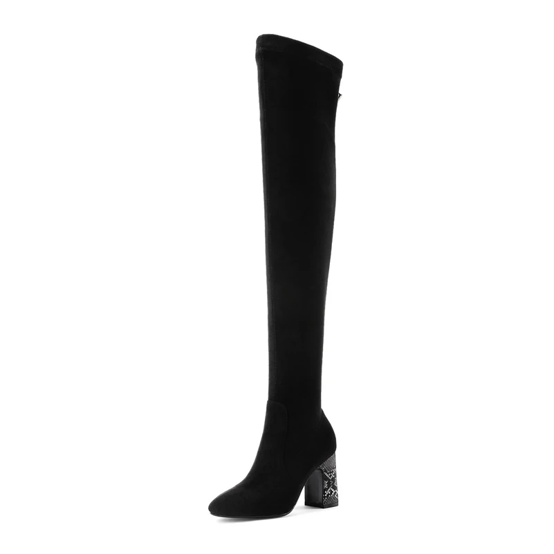 Black Synthetic Lini ANNYMOLI/зимние сапоги до бедра; женская обувь из натуральной кожи на молнии; ботфорты на квадратном каблуке; женская обувь на очень высоком каблуке - Цвет: Black Synthetic Lini
