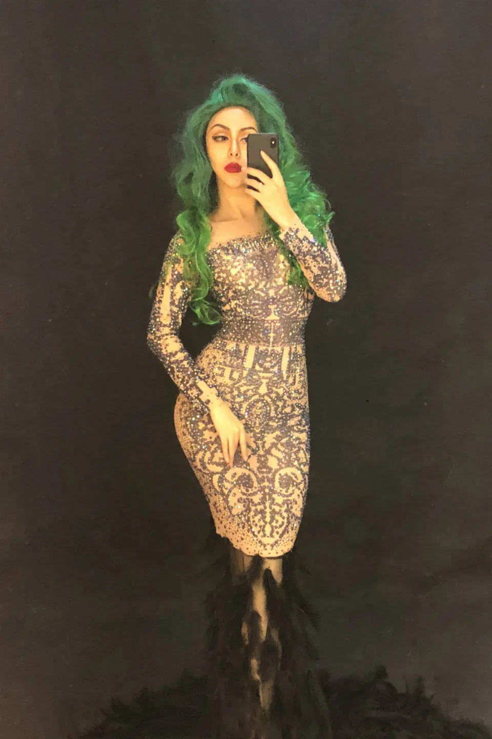 Sparkly Rhinestone Black Feather Stretch Long Dress Show Women Sexy Dresses Birthday Celebrate Outfit Nightclub Party Costumes