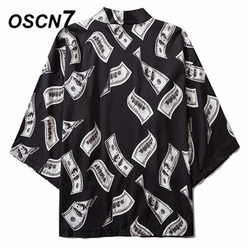 

OSCN7 Printed Kimono Cardigan Shirt Men 2020 Japanese Streetwear Three Quarter Sleeve Coat Shirts Harujuku Mens Shirt 6015