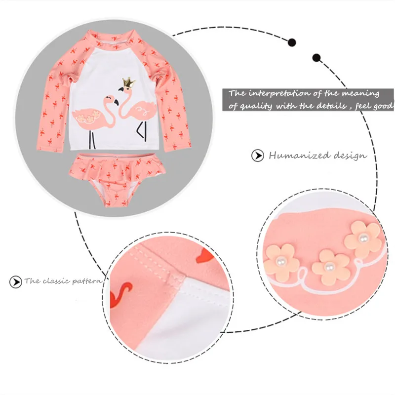 Купальник из двух частей детский купальник с длинными рукавами для девочек 1-7 лет, купальный костюм с оранжевым и белым фламинго для детей