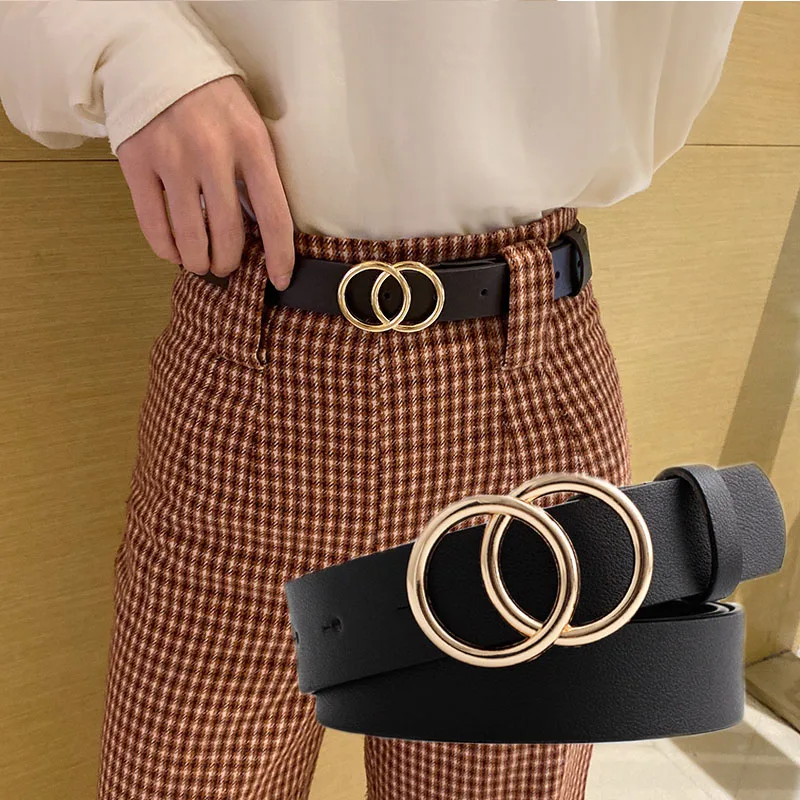 

22 Styles Fashion Leather Women Belts Harajuku Gold Silver Double Round Buckle Waist Strap Trouser Jeans Female Waistband