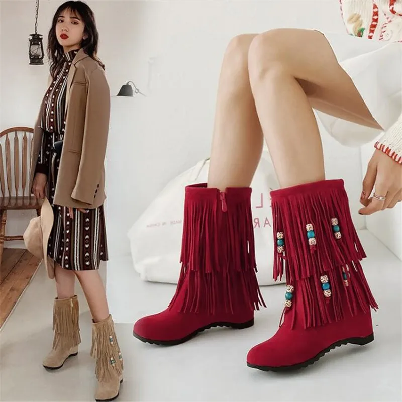 New pattern Inside boots Superior quality Tassels shoes woman Increased internal 6CM Fashion warm boots Women's Boots USA 3-12