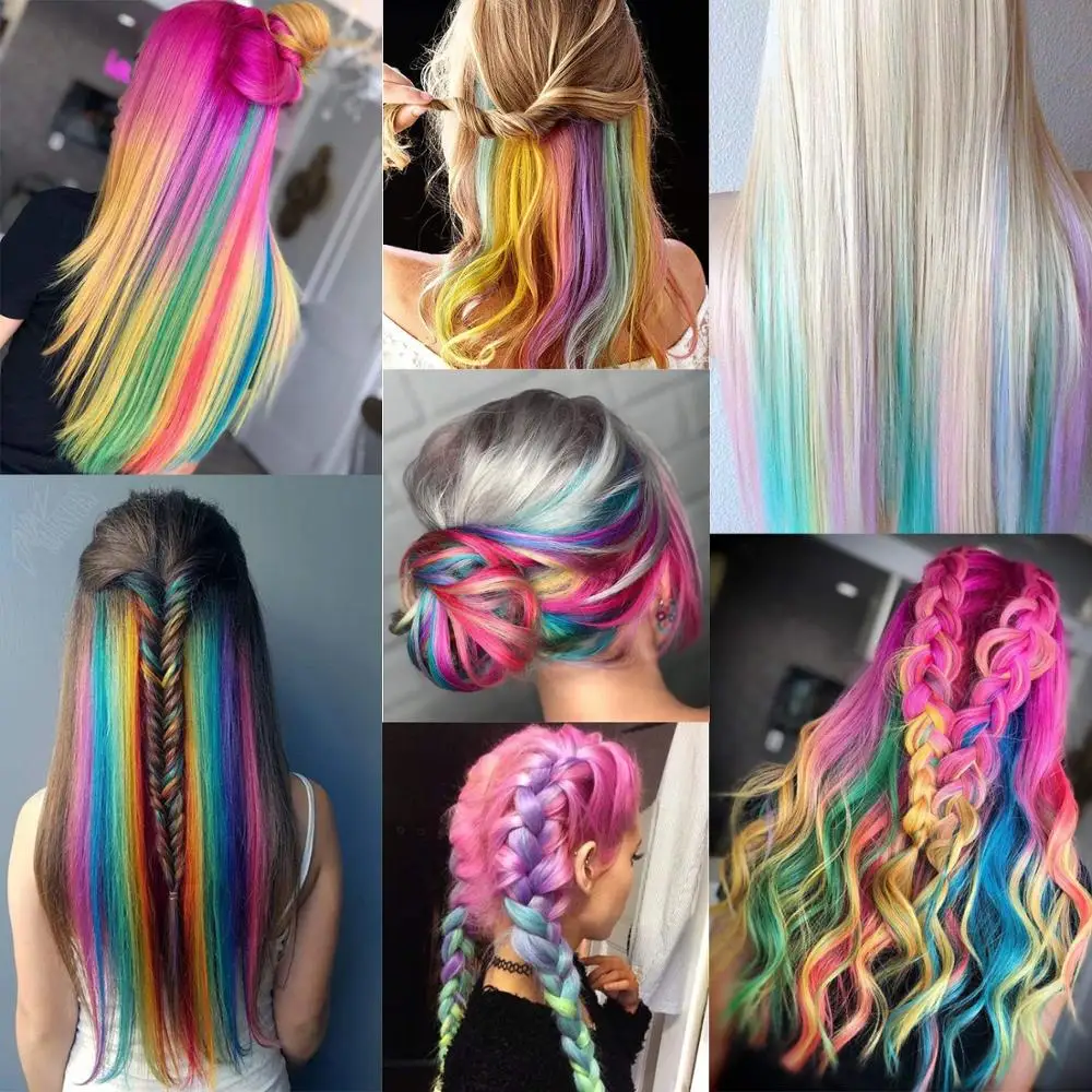 Long Straight Colored Strands Of Hair On Hairpins Synthetic False Clips In Hair Extensions Fake Rainbow Overhead Strands Tress images - 6